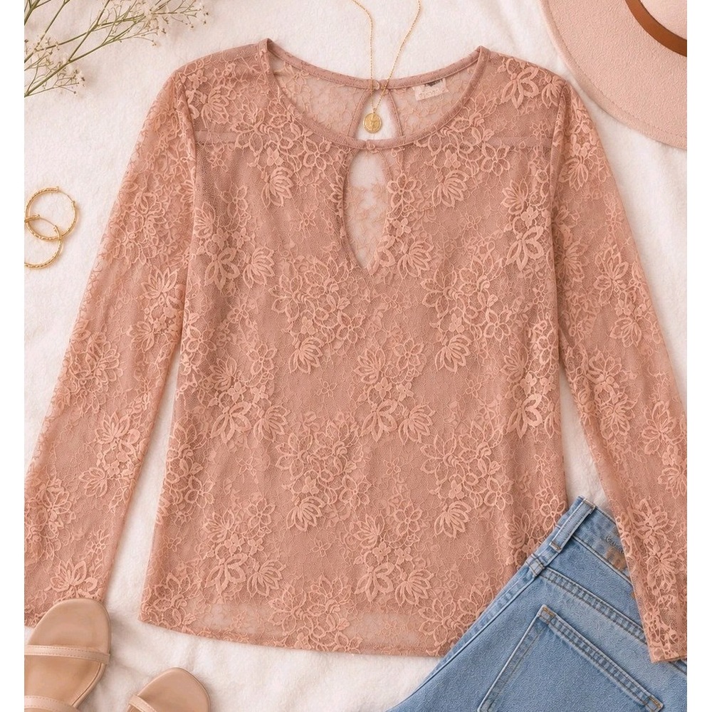 Womens XL Blush Nude Sheer Lace Blouse Romantic Coquette Date Night Floral Top